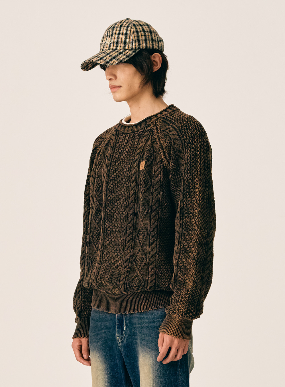 Rolled Neck Aran Dyed Knit - Washed Brown