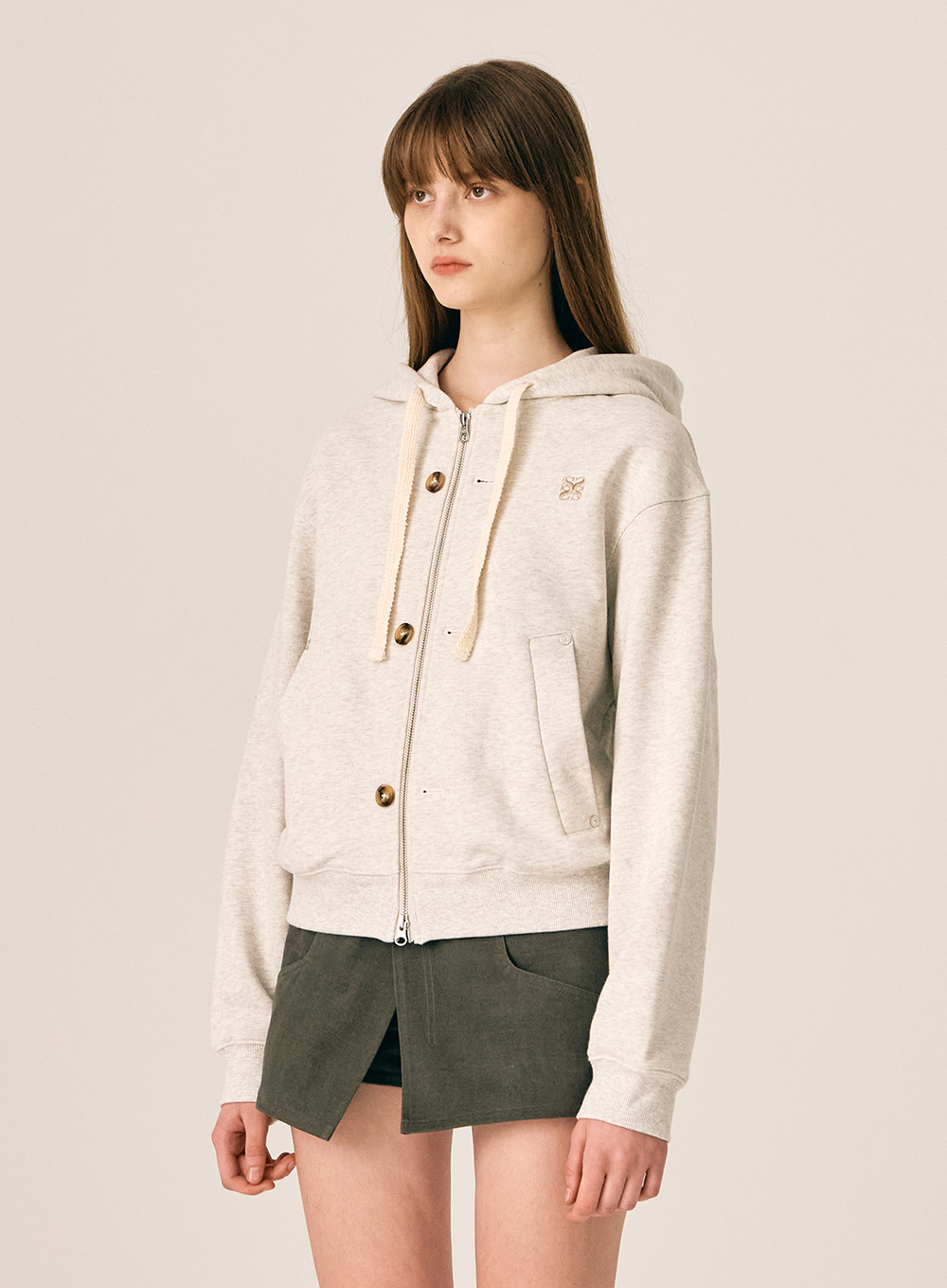 (W) Teo Cotton All Day Hood Zip-Up - Melange Ivory