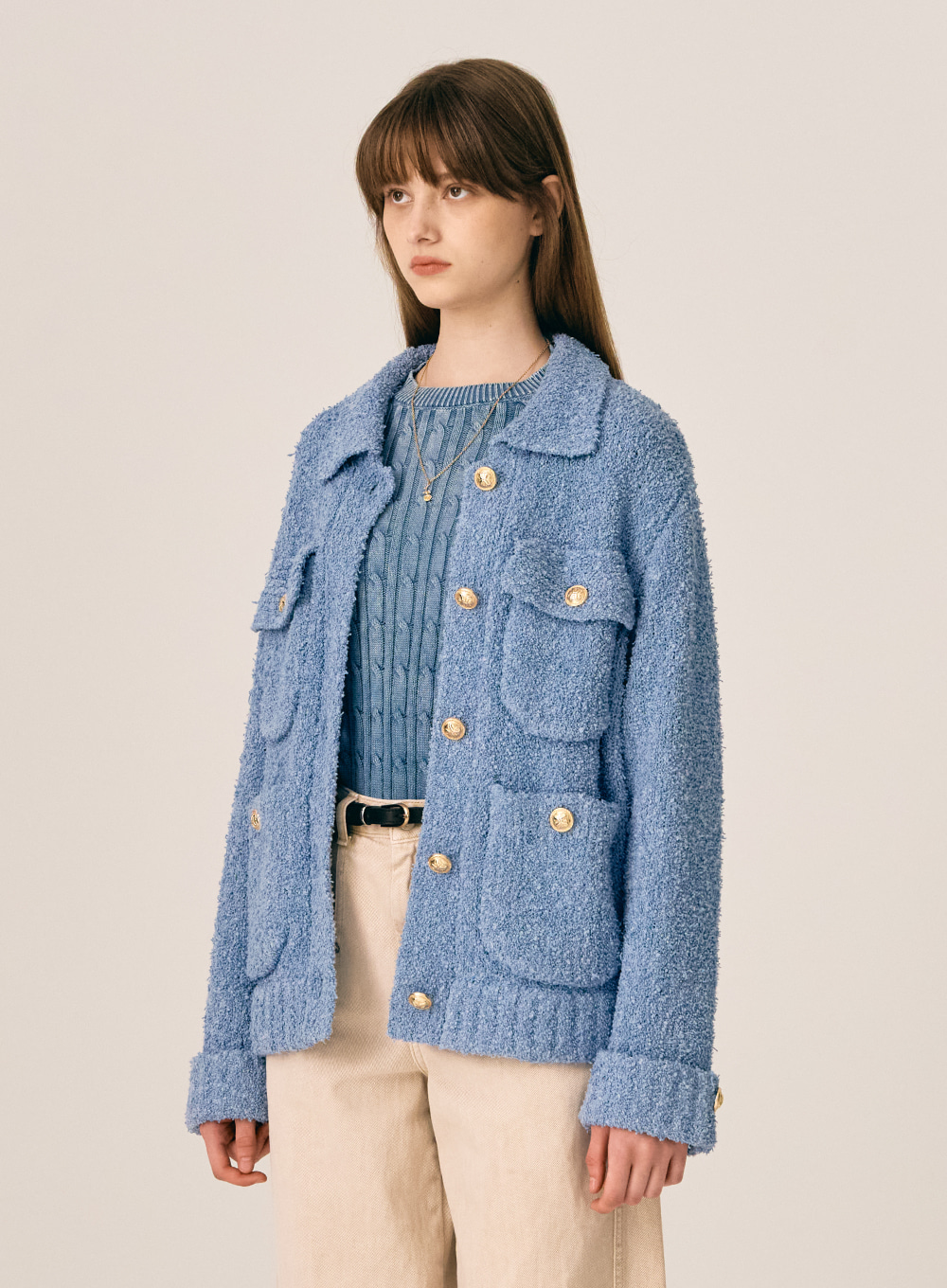 (W) Boucle Tweed Collar Knit Cardigan Jacket - Soft Blue
