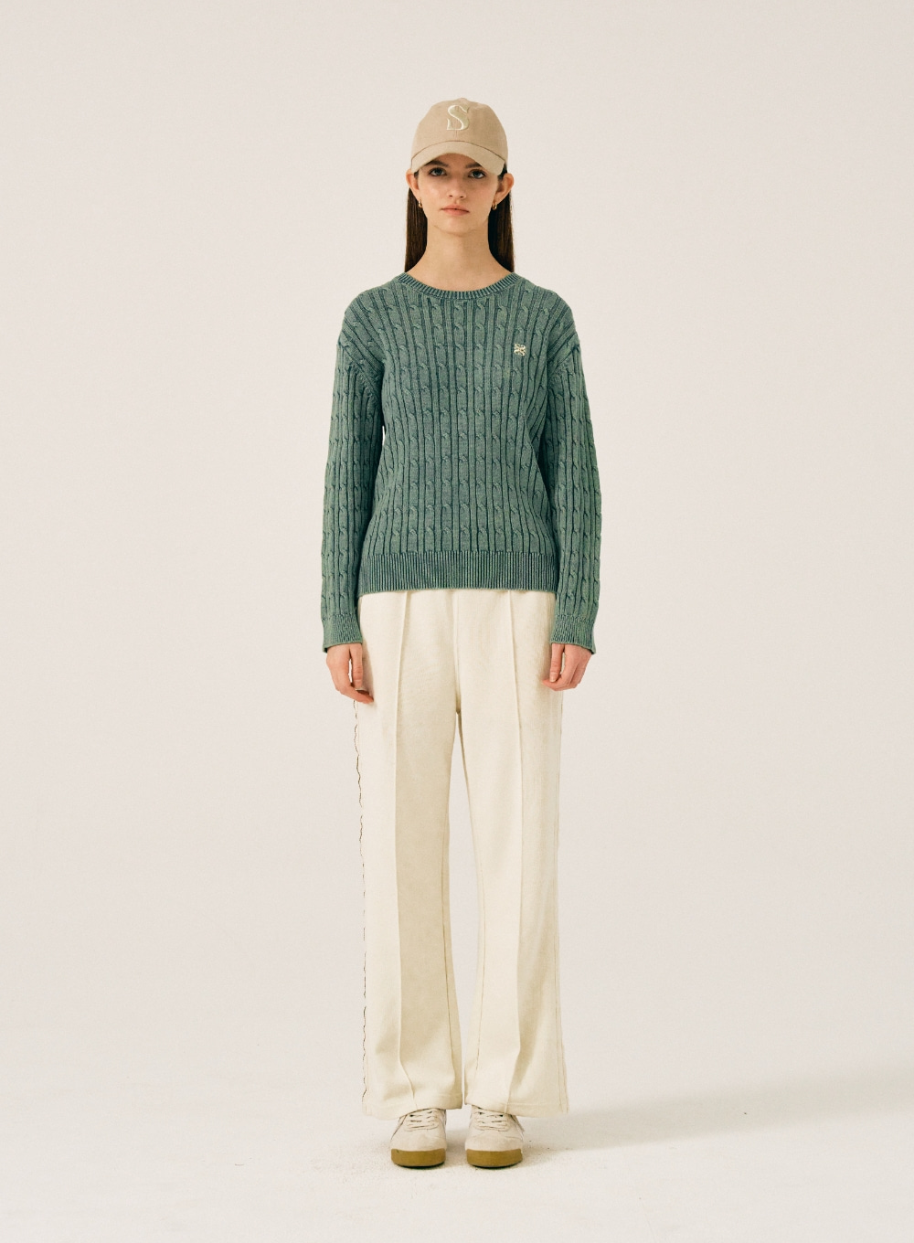 (W) Classic Dyed Cable Knit - Vintage Green