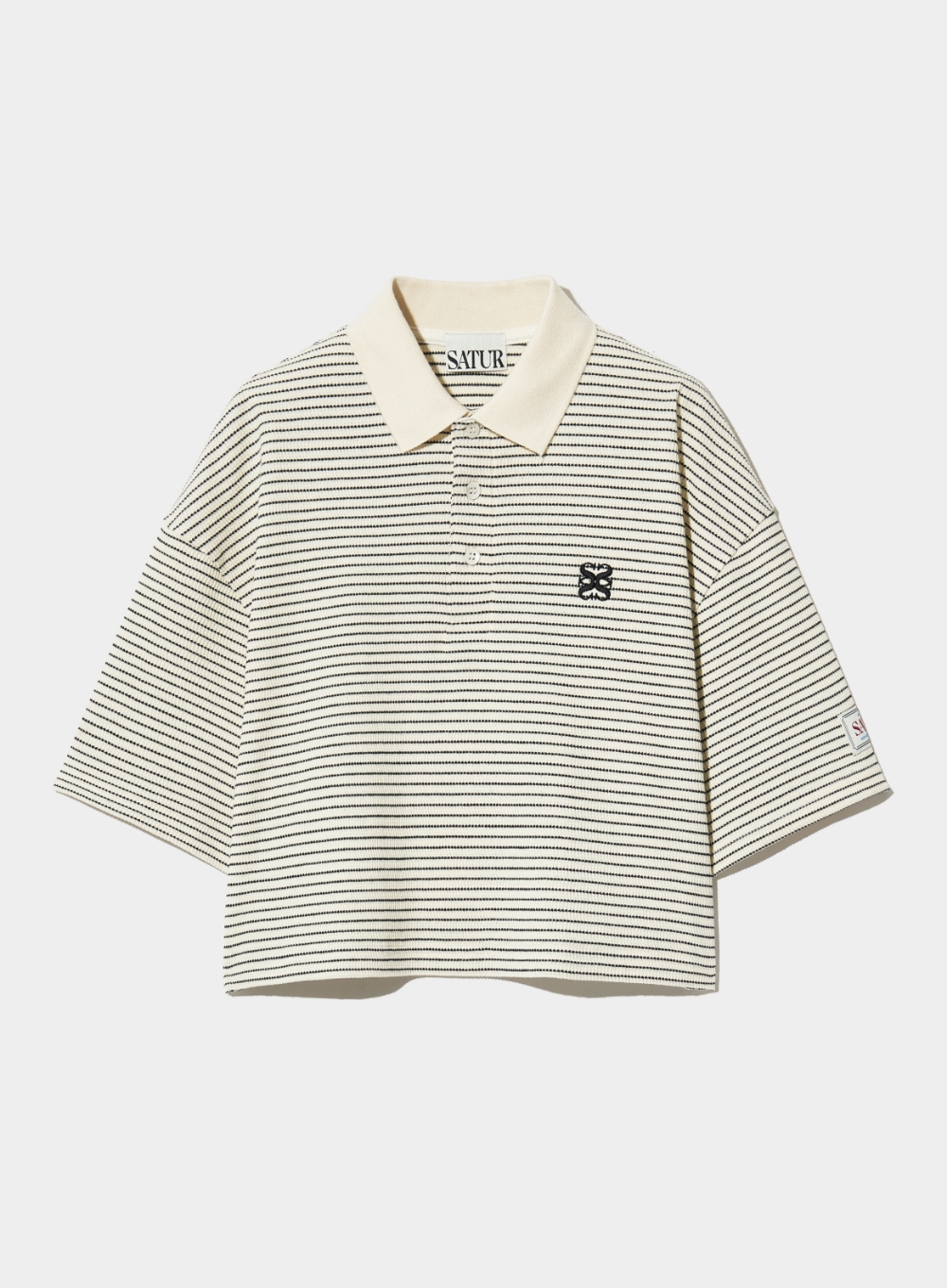 (W) Stripe Collar T-Shirt - Ivory Black