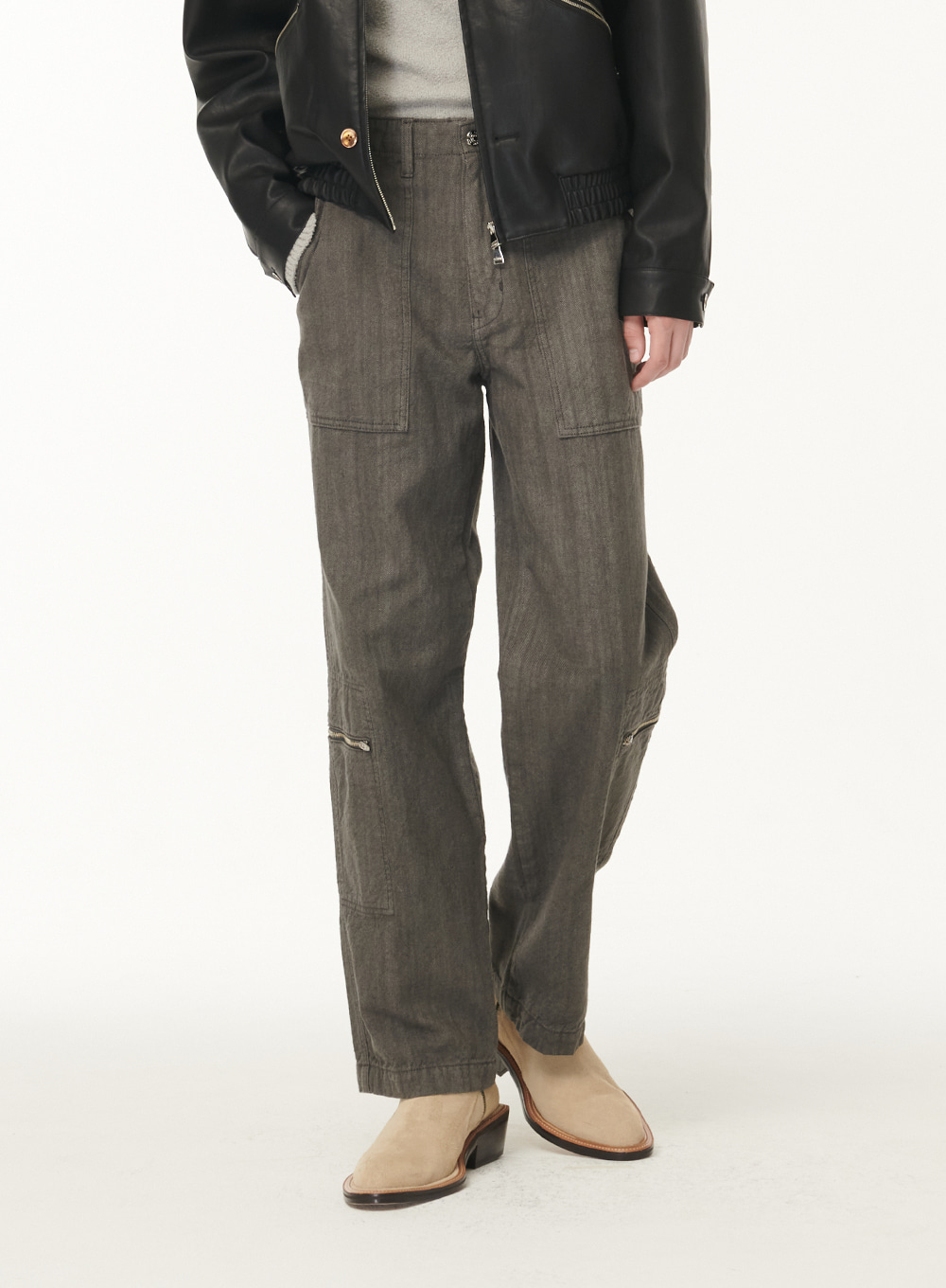 Formal Zip-Cargo Dyed Denim Pants - Natural Gray