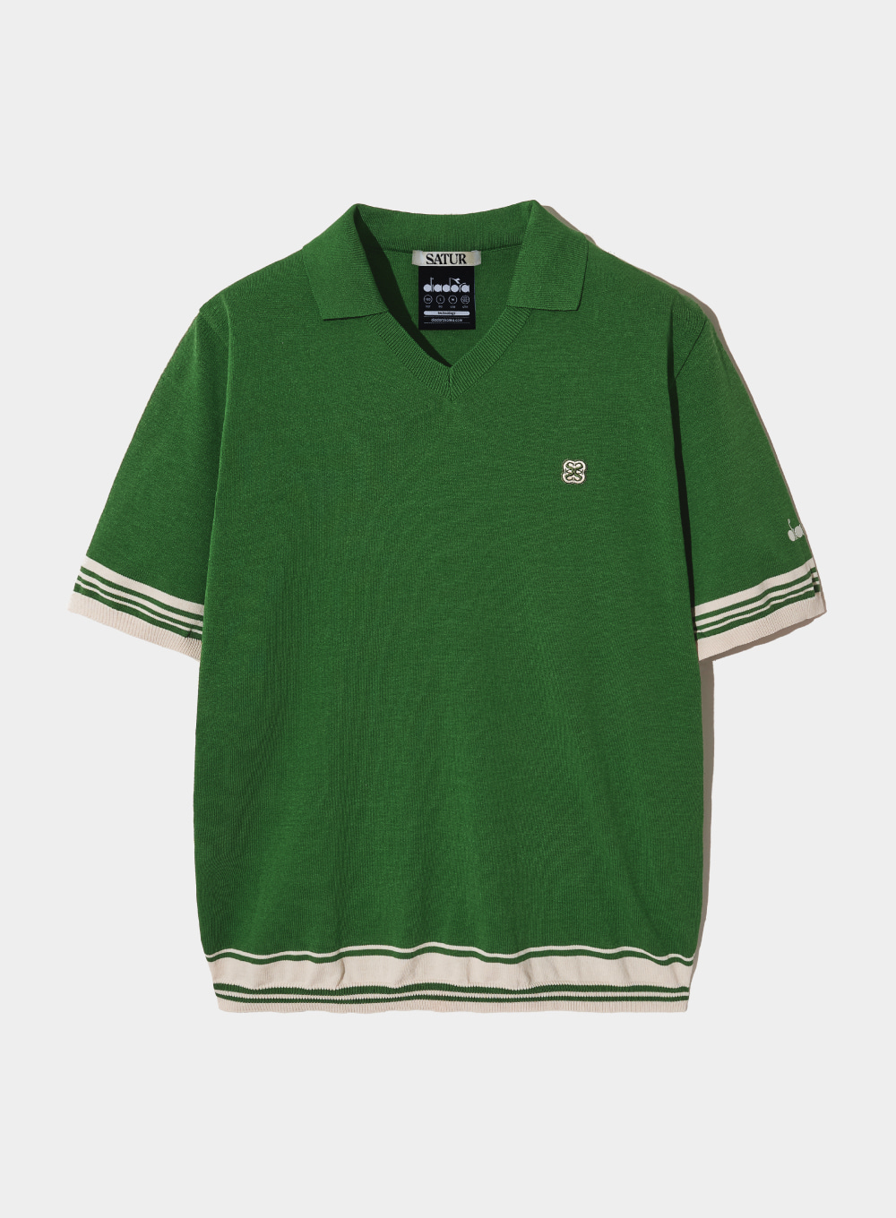 [Satur X Diadora] V-neck collar half-knit T-shirt - Deep Green