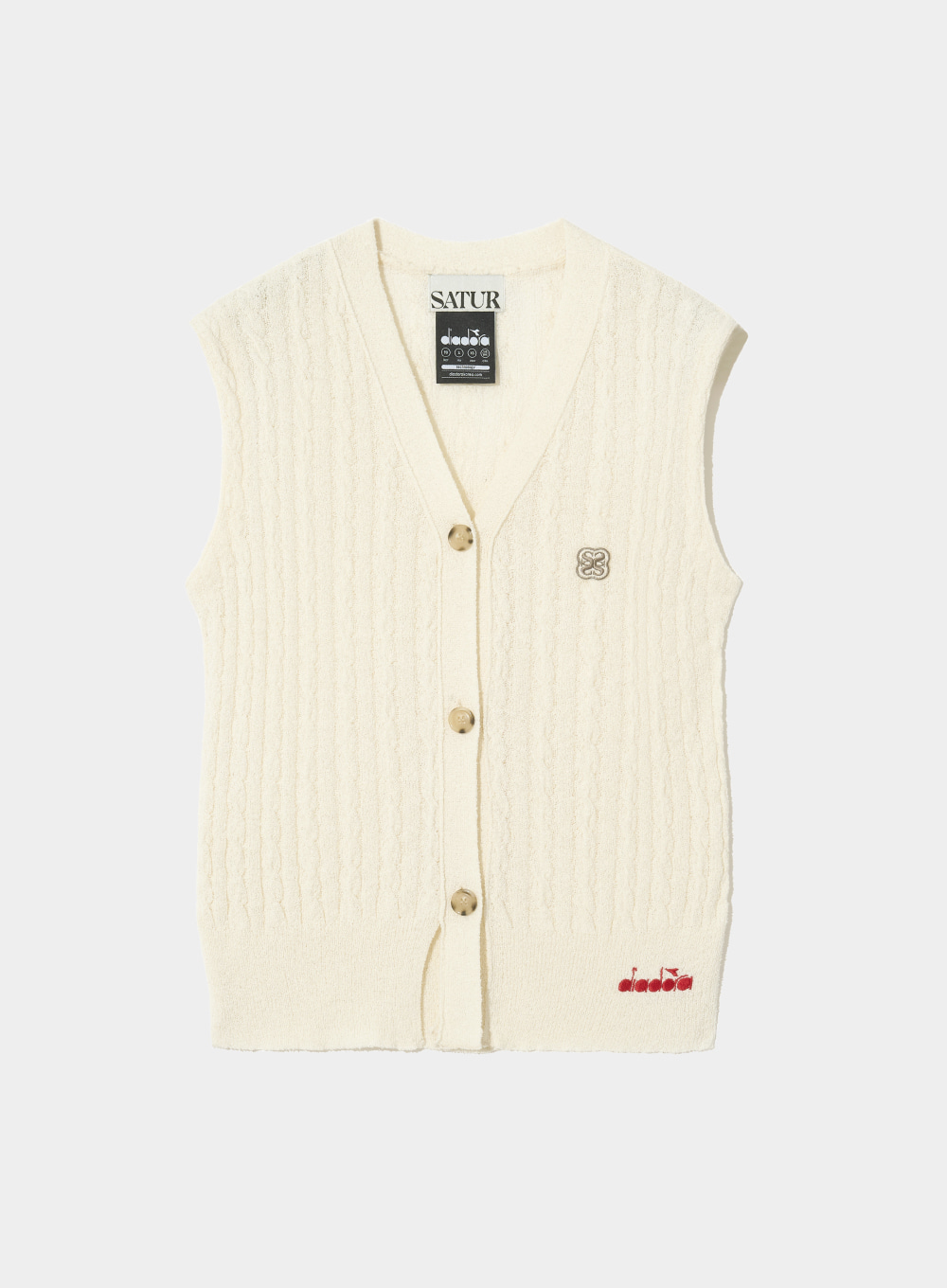 [Satur X Diadora] Slim Fit V-neck Cardigan Vest - Sand Ivory