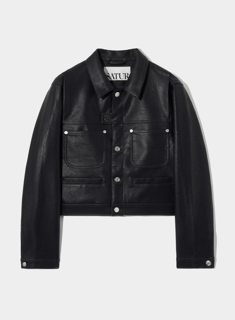 (W) Symbol Brooch Faux Leather Jacket - Classic Black