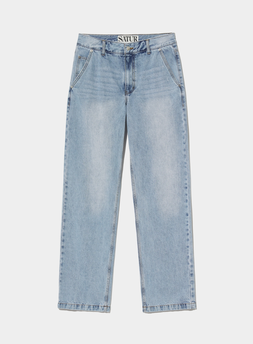 Tapered Relaxed Washed Denim Pants - Light Blue